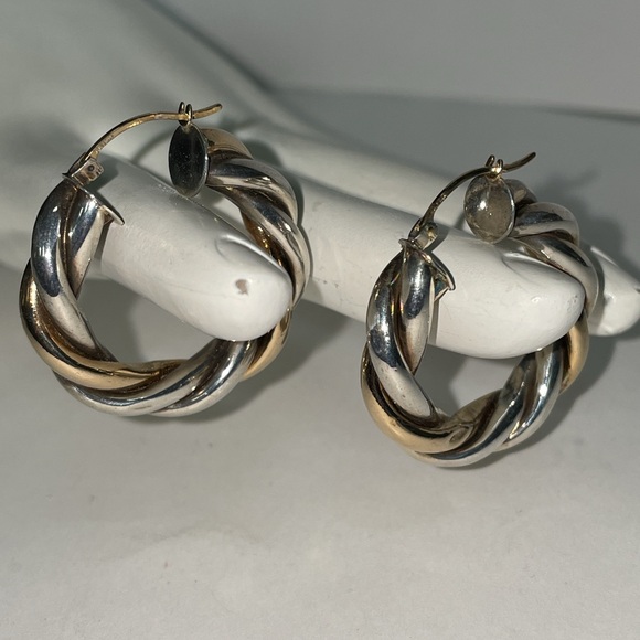 Solid 14K Yellow Gold & 925 Sterling Silver Twisted Rope Cable Hoop Earrings - Picture 8 of 12